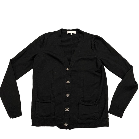 Milly Black Merino Wool Rhinestone Skull Button Cardigan Sweater size Large - Picture 1 of 8